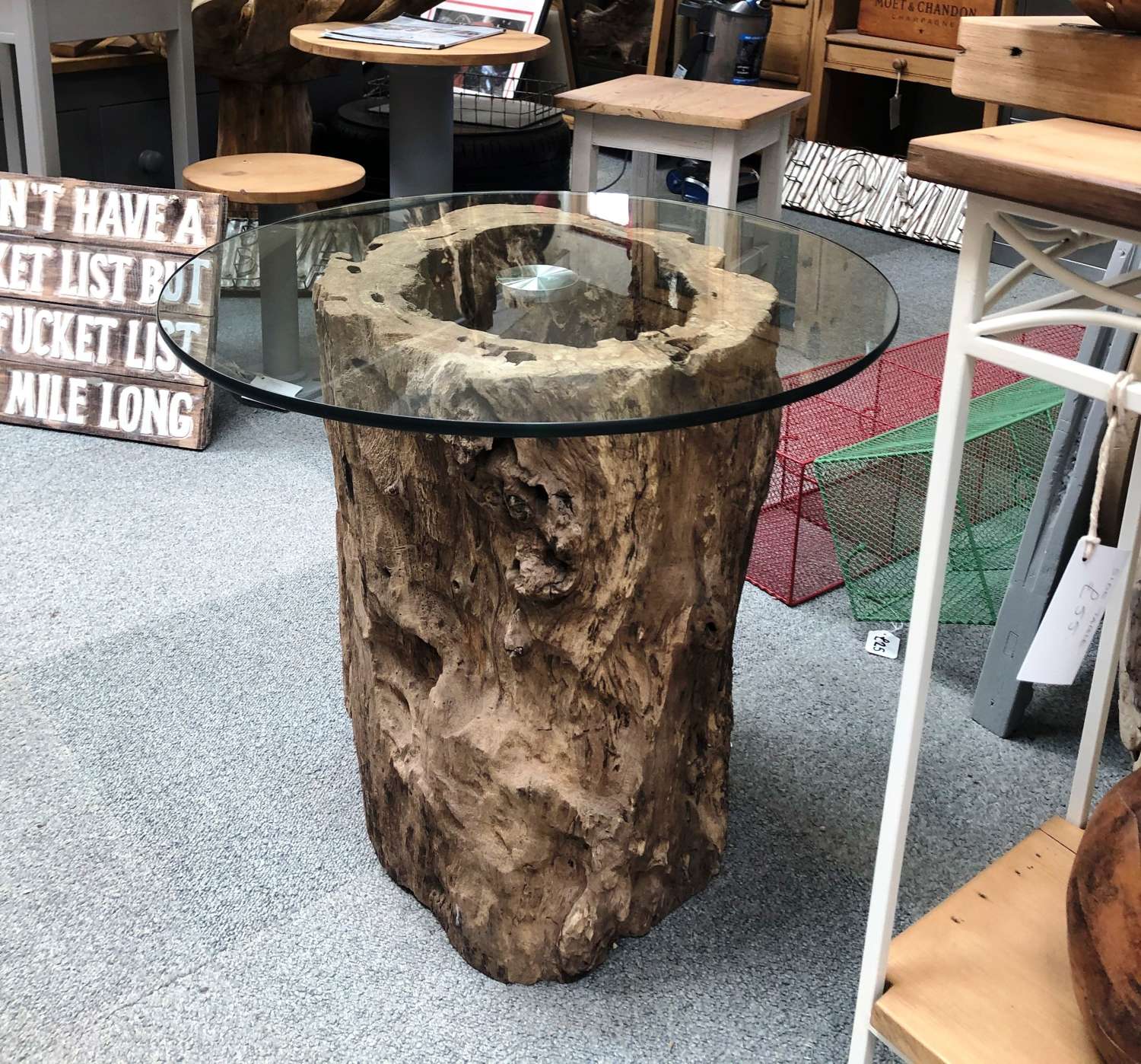 Tree Trunk Base Glass Top Table