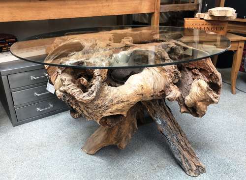 Tree Root Base Glass Top Table